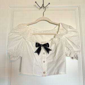 MOD Ruffle Trim Puff Sleeve Blouse with Black Bow